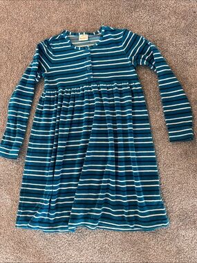 Hanna Andersson Teal and White Striped Long-Sleeve Knit Dress